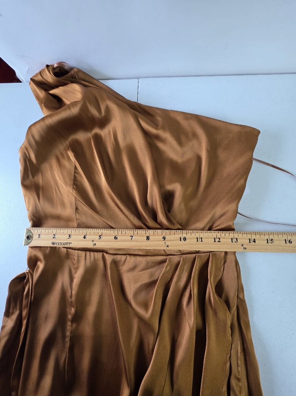 Baltic Born Celia One Shoulder Midi Dress Size M Bronze Satiny Belt Glam NEW - Picture 8 of 12